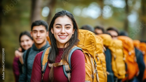 A group of people are smiling and posing for a photo, with one girl wearing a red shirt and a yellow backpack
