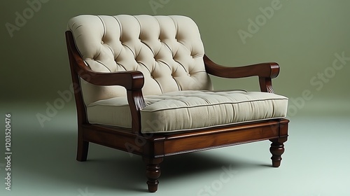 Elegant Wooden Armchair with Beige Upholstery photo