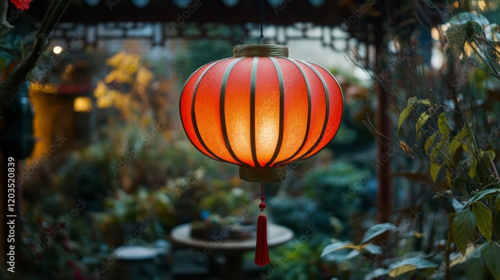 Illuminated Red Lantern Hanging In Garden Setting Illuminated Red Lantern Hanging In Garden Setting