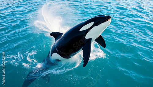 orca whale, killer whale breaching, splashing water, blue ocean, white underbelly, black dorsal fin, photorealistic, wildlife photography, action shot, high contrast, dynamic pose, marine life, nature photo