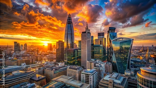 Aerial Sunset Panorama: London Financial District Skyline Macro Photography