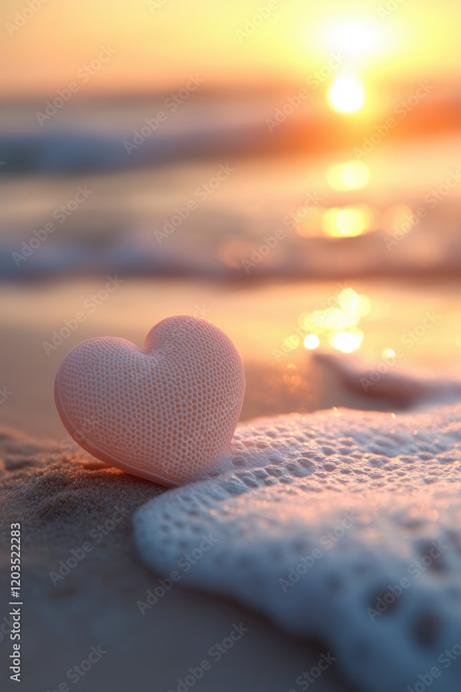 Fototapeta premium Heart-shaped object rests on the soft sand near gentle ocean waves at sunset with warm tones in the sky