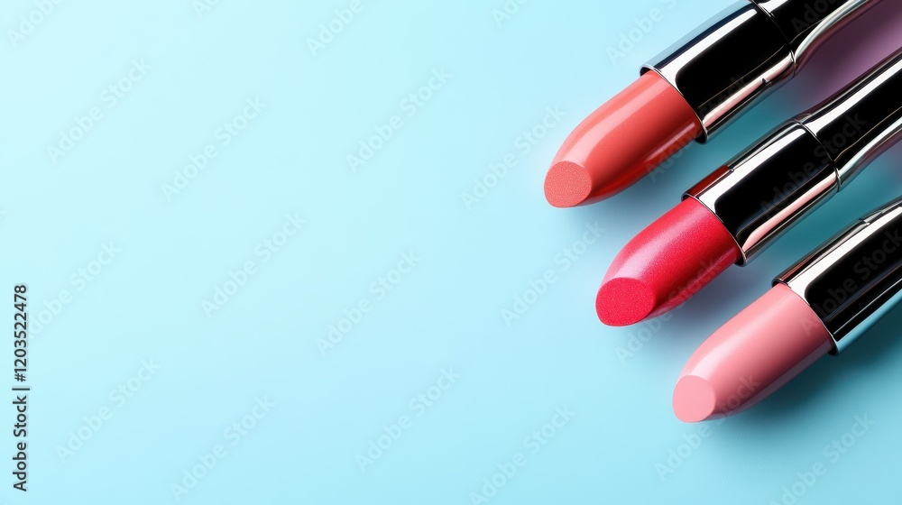This image showcases three vibrant lipsticks displayed against a soft pastel background, highlighting their rich colors and appealing packaging, suitable for beauty marketing. This image showcases three vibrant lipsticks displayed against a soft pastel background, highlighting their rich colors and appealing packaging, suitable for beauty marketing.