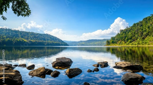 Serene lake surrounded by lush greenery