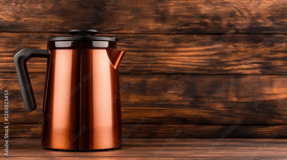 A stylish copper French press sits atop a rustic wooden surface, ideal for brewing rich and flavorful coffee for an energized start to your day or cozy gatherings. A stylish copper French press sits atop a rustic wooden surface, ideal for brewing rich and flavorful coffee for an energized start to your day or cozy gatherings.