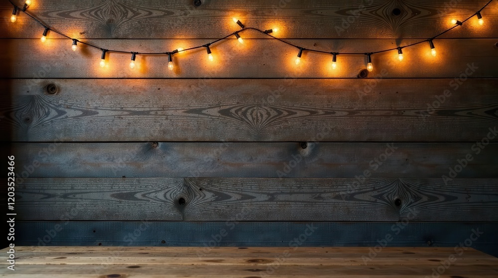 Rustic Wooden Wall Backdrop with Warm String Lights and Empty Tabletop for Display Rustic Wooden Wall Backdrop with Warm String Lights and Empty Tabletop for Display