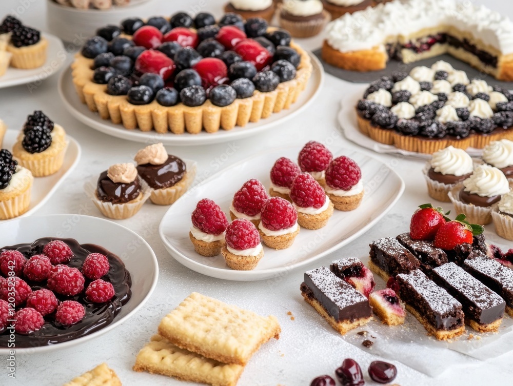 A detailed image of a vegan dessert table, featuring cakes, cookies A detailed image of a vegan dessert table, featuring cakes, cookies