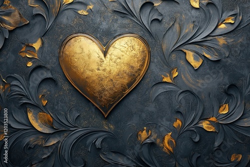 Golden Heart Adorned With Dark Grey Floral Design photo