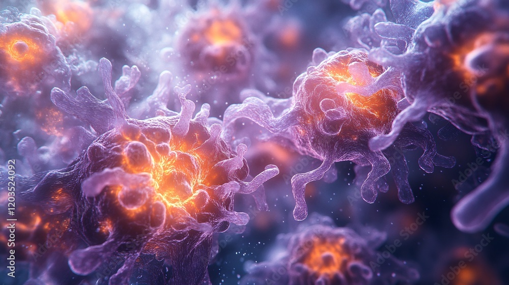 Obraz premium Microscopic Visualization of Viruses Invading Cells