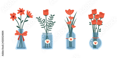 Glass vase. Flower in the glass vase. Flower vase illustration. Bloom. Spring flower. Spring season. Unique vase. Bouquet flower. Bunch of flower. Red rose. 
