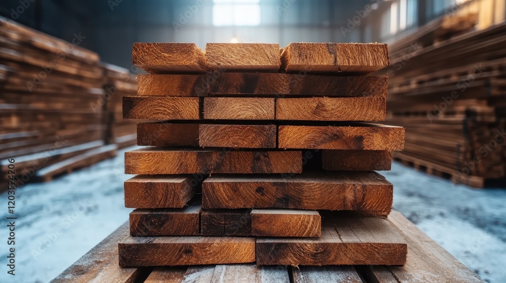A close-up view of neatly stacked wooden planks in a spacious timber warehouse, showcasing the rich texture and color of the wood against a softly lit backdrop. A close-up view of neatly stacked wooden planks in a spacious timber warehouse, showcasing the rich texture and color of the wood against a softly lit backdrop.