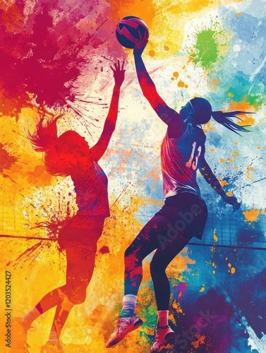 Dynamic Watercolor Netball Match Showcasing Athleticism and Colorful Movement