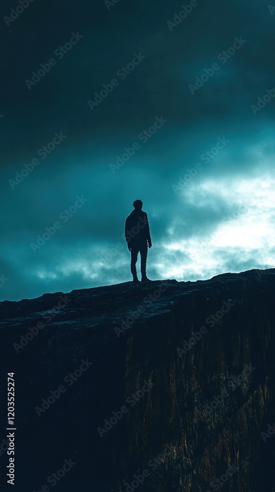 Man standing on edge of dark cliff Man standing on edge of dark cliff