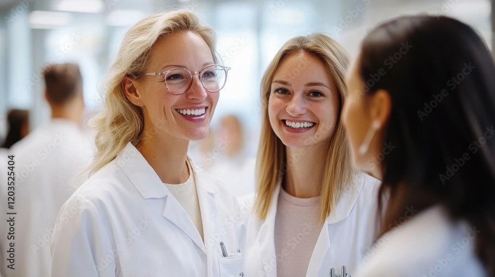 Three women in white lab coats are smiling at the camera. They are all wearing name tags. Scene is friendly and professional Three women in white lab coats are smiling at the camera. They are all wearing name tags. Scene is friendly and professional