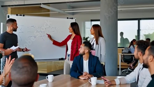 Attractive Female Marketing Manager Pitches Idea to Diverse Startup Team During Brainstorming Meeting in Office.