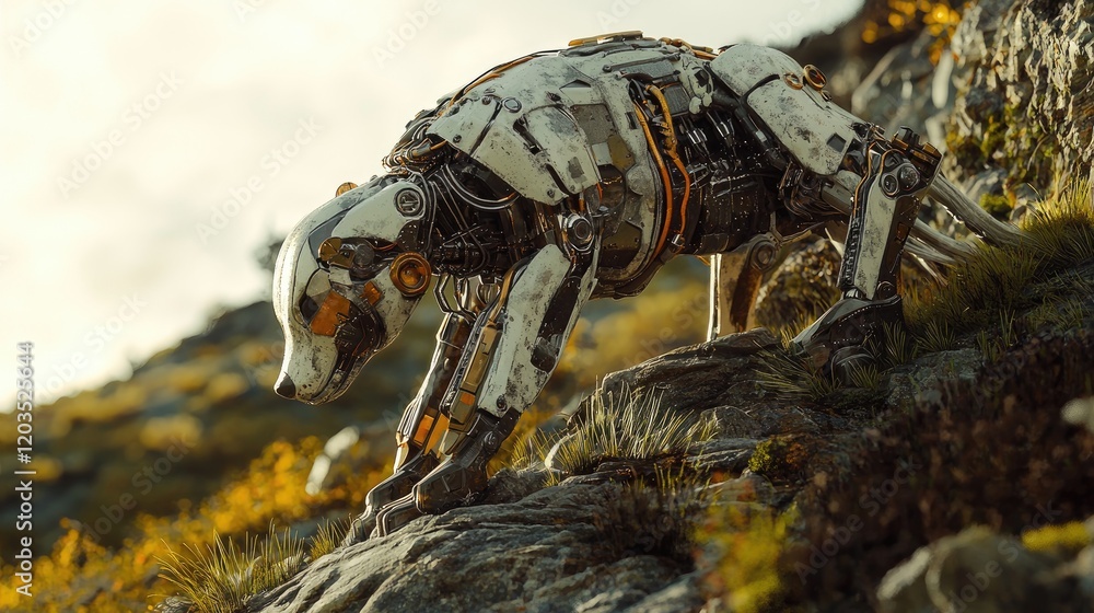 Fototapeta premium Cybernetic Canine Ascending Futuristic Robot Dog on a Mountainside