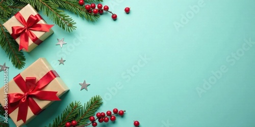 Festive Season Presents with Evergreen Branches and Red Berries on a Teal Background