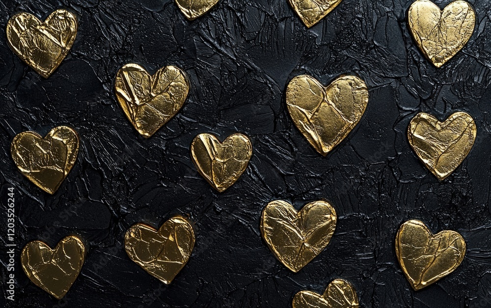 Obraz premium Embossed golden hearts on a matte black background