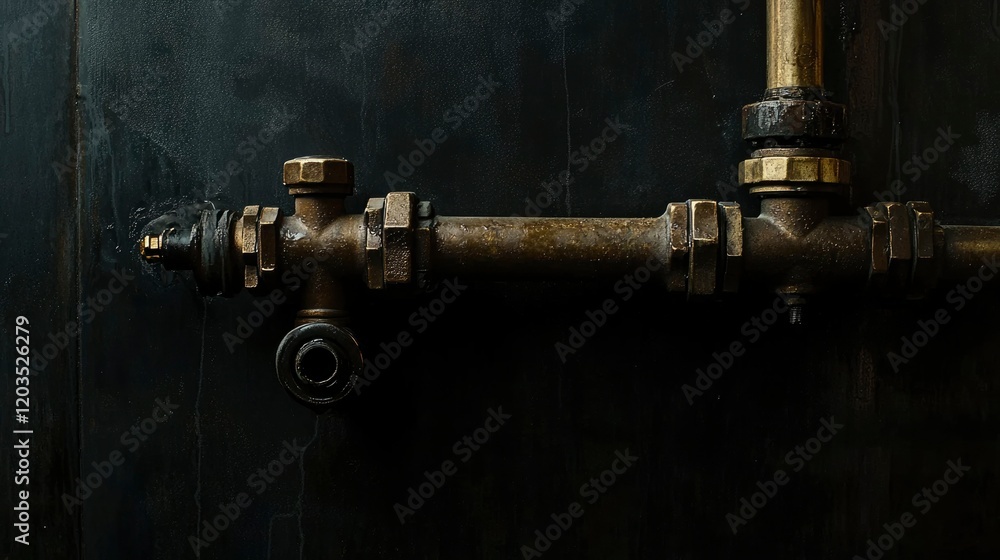 Aged Brass Pipes Against Dark Background Wall Aged Brass Pipes Against Dark Background Wall