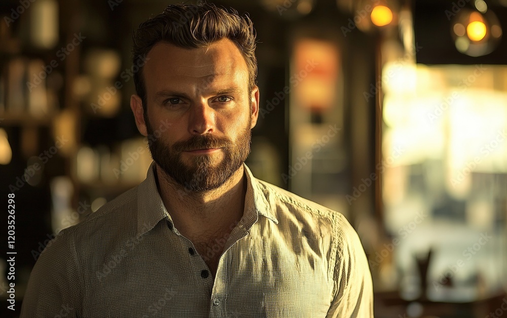 A strong, confident man with a neatly trimmed beard and casual button-down shirt, standing against a blurred cafÃ? setting A strong, confident man with a neatly trimmed beard and casual button-down shirt, standing against a blurred cafÃ? setting