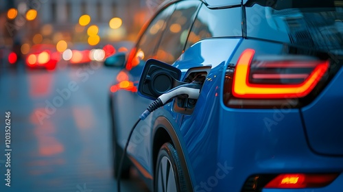 Wallpaper Mural Blue Electric Car Charging at Dusk in Urban Environment Torontodigital.ca