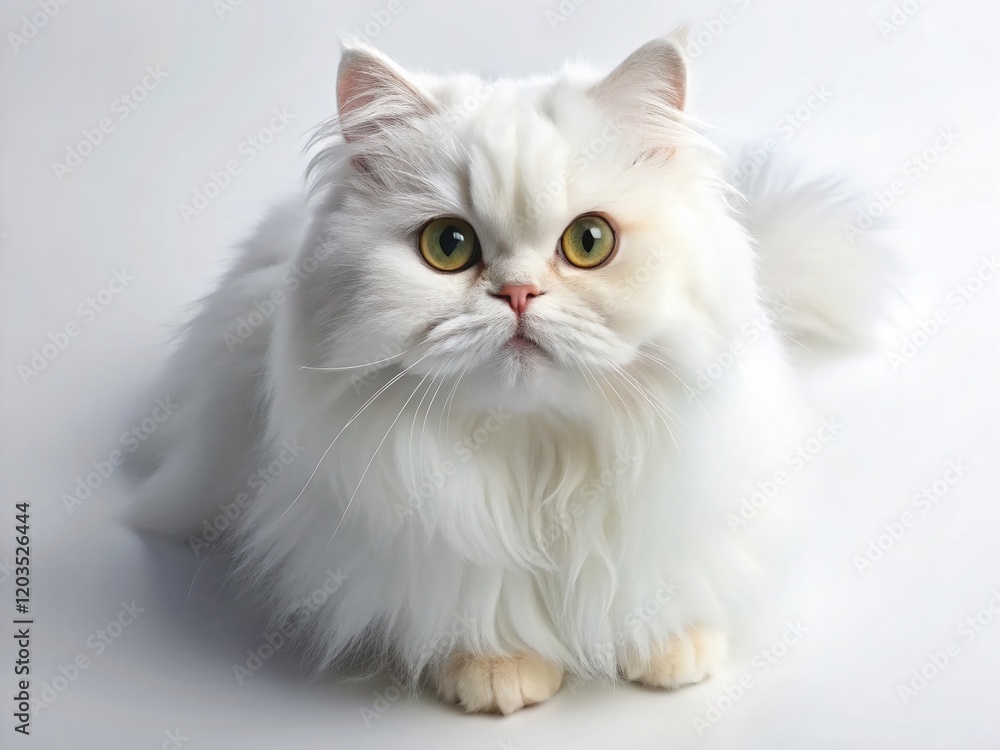 Obraz premium Aerial View of a Single Soft Fluffy White Persian Cat, Isolated on White Background, F32 Focus, Smooth Gradient
