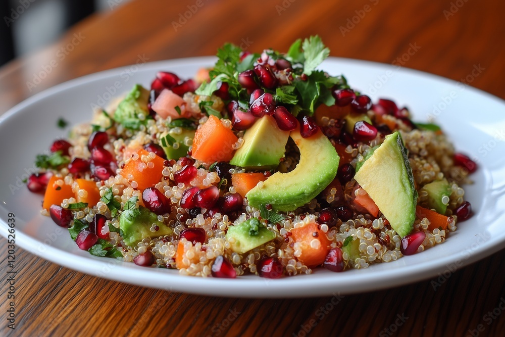 A vibrant plate of colorful quinoa salad topped with fresh avocado and pomegranate seeds, served on a wooden table. A vibrant plate of colorful quinoa salad topped with fresh avocado and pomegranate seeds, served on a wooden table.