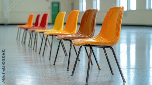 The row of chairs lined up against the wall in the spacious room, each one a different vibrant color, created a visually stunning and lively atmosphere.