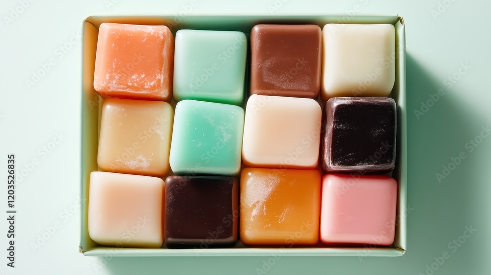 An artistic arrangement of vibrant, candy-like desserts displayed in a box, showcasing a variety of colors and textures that invite indulgence. An artistic arrangement of vibrant, candy-like desserts displayed in a box, showcasing a variety of colors and textures that invite indulgence.