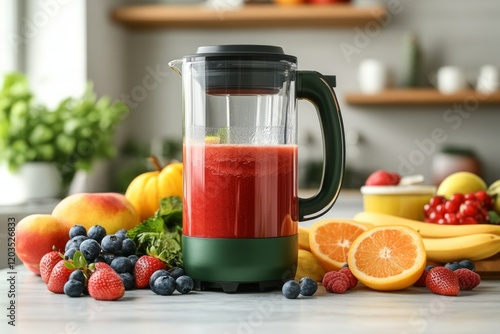 Sleek portable blender resting on kitchen counter, filled with bright red smoothie, complemented by scattered fresh fruits highlighting nutrition and wellness