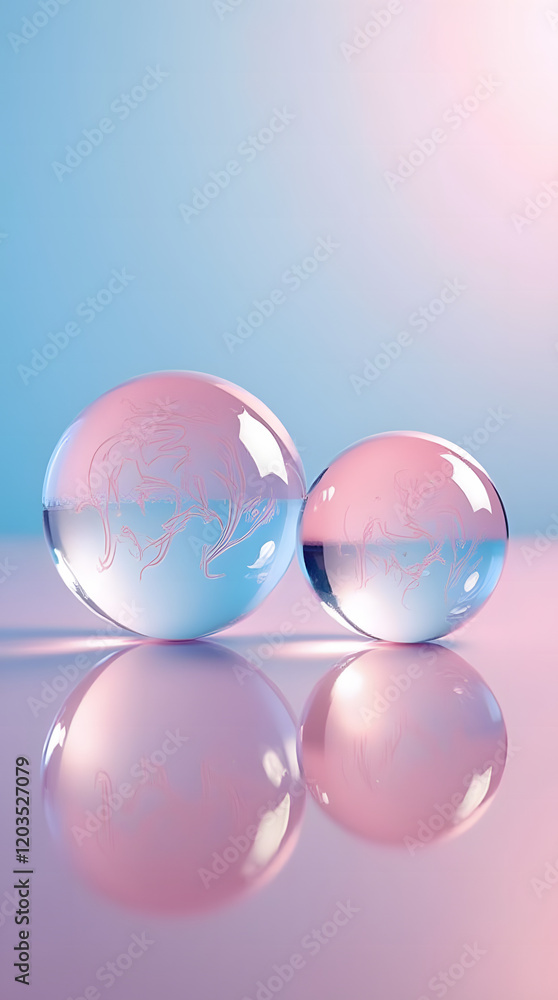 This image showcases two transparent spheres adorned with swirling patterns, gently resting on a reflective surface, set against a pink and blue gradient backdrop. This image showcases two transparent spheres adorned with swirling patterns, gently resting on a reflective surface, set against a pink and blue gradient backdrop.