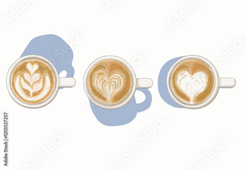 set of three different coffee latte art in cup top view rosetta modern coffee isolated on white background