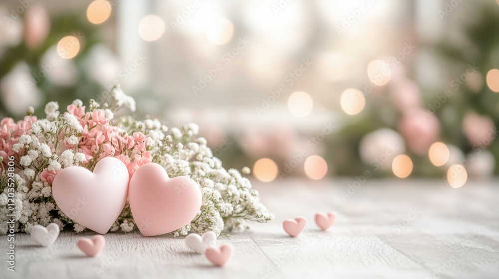 Romantic decor featuring heart shapes and flowers in a softly lit setting for a celebration Romantic decor featuring heart shapes and flowers in a softly lit setting for a celebration