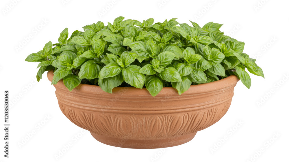 Naklejka premium Isolated fresh natural basil growing in wide rustic terracotta pot against transparent background. Perfect for sustainable gardening, culinary projects, healthy food or kitchen decor ideas
