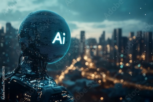 Artificial intelligence robot with glowing sphere head controlling futuristic glowing city at night, concept of technological singularity and smart city