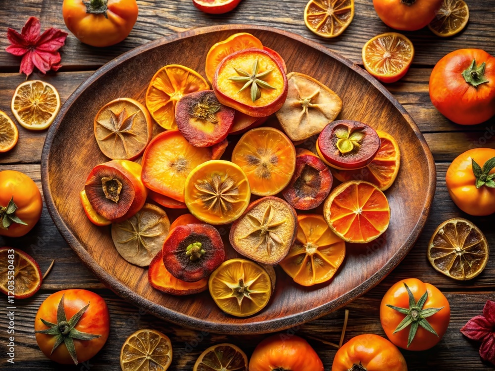 Aerial View of Dried Persimmon Slices on Rustic Plate - Autumn Harvest