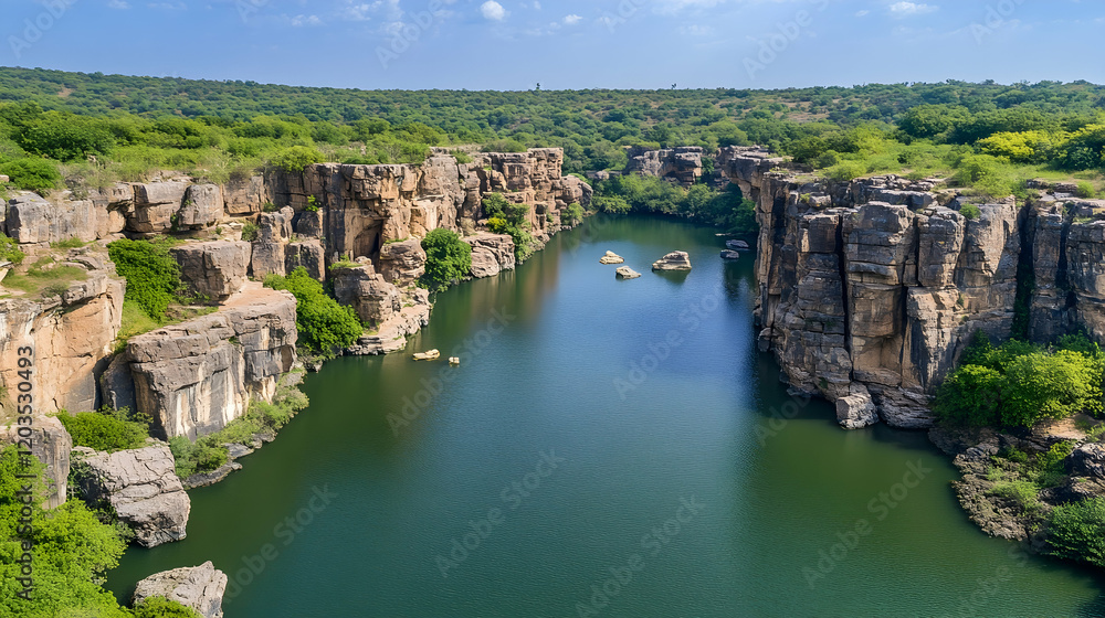 Obraz premium Aerial view of a serene canyon lake, lush green vegetation, rocky cliffs, sunny day, ideal for travel brochures