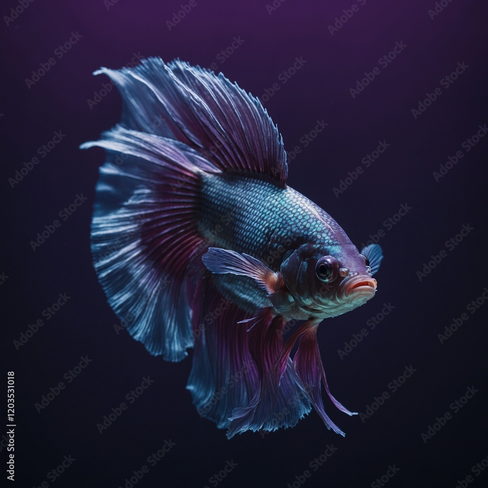 Fototapeta premium A Betta fish with delicate transparent fins, glowing against a deep purple gradient background.