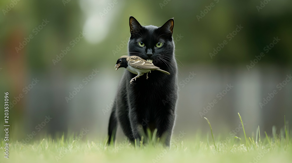 Black cat hunting bird in garden, green background. Perfect for pet, nature, wildlife websites Black cat hunting bird in garden, green background. Perfect for pet, nature, wildlife websites