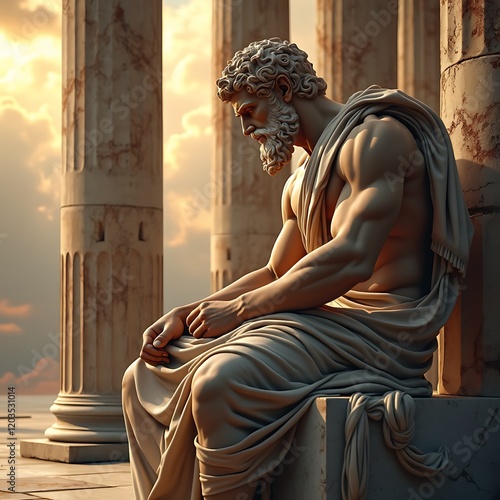 A muscular, bearded Marcus Aurelius sitting in deep contemplation on a marble bench, with ancient Roman columns and golden sunlight filtering through clouds.