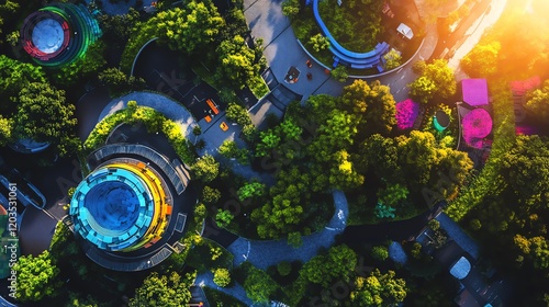 Wallpaper Mural Aerial view of a vibrant amusement park nestled within lush greenery. Colorful rides and pathways contrast against the green trees, creating a stunning visual. Torontodigital.ca
