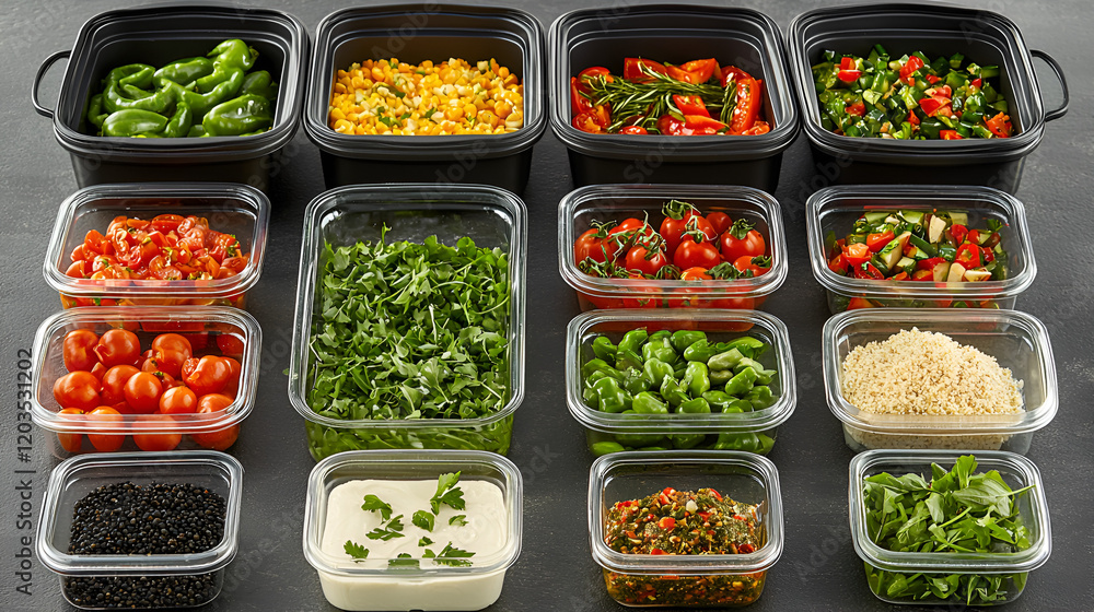 Prepared vegetables & grains in containers, kitchen, meal prep Prepared vegetables & grains in containers, kitchen, meal prep