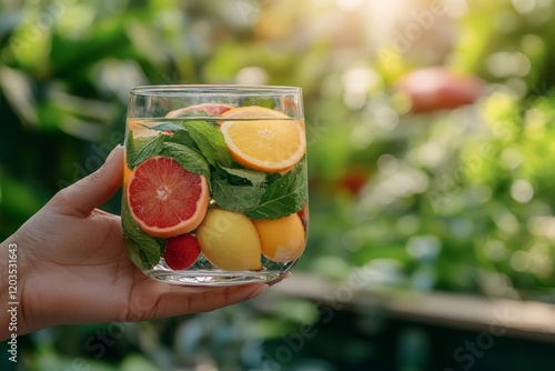 Hand gripping chilled water glass with vibrant citrus slices and fresh mint, highlighting natural hydration amid lush sunlit garden greenery