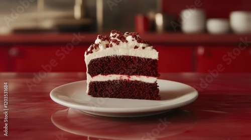 A slice of delicious red velvet cake awaits photo