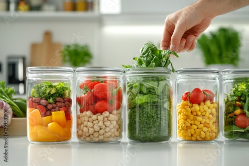 Chef adding fresh spinach leaves to a glass jar, creating a healthy meal with vibrant ingredients like cherry tomatoes, corn, chickpeas, and broccoli