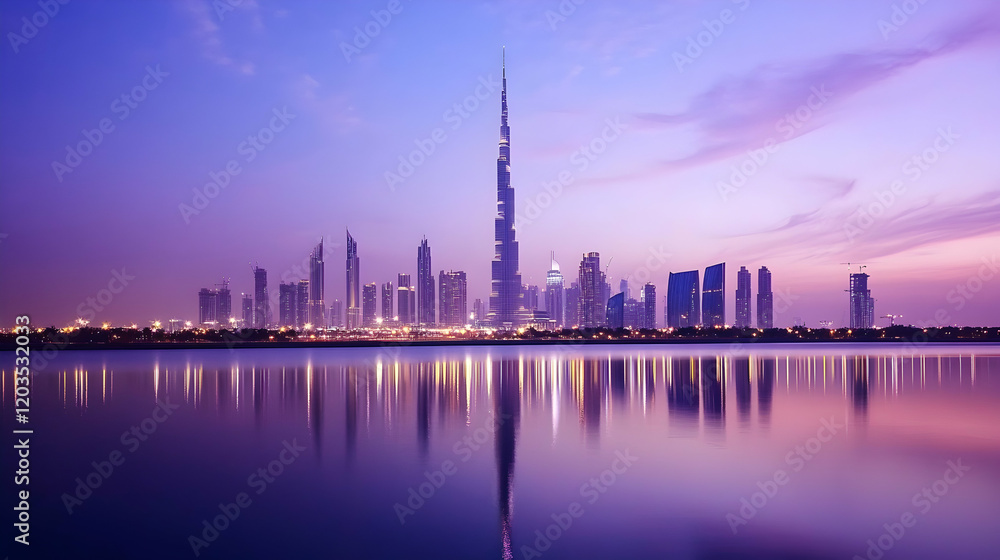 Fototapeta premium Cityscape at sunset, reflecting in calm water, modern architecture, urban development
