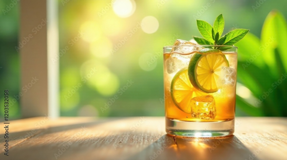 Refreshing Iced Tea with Lime and Mint on Sunny Wooden Table Refreshing Iced Tea with Lime and Mint on Sunny Wooden Table