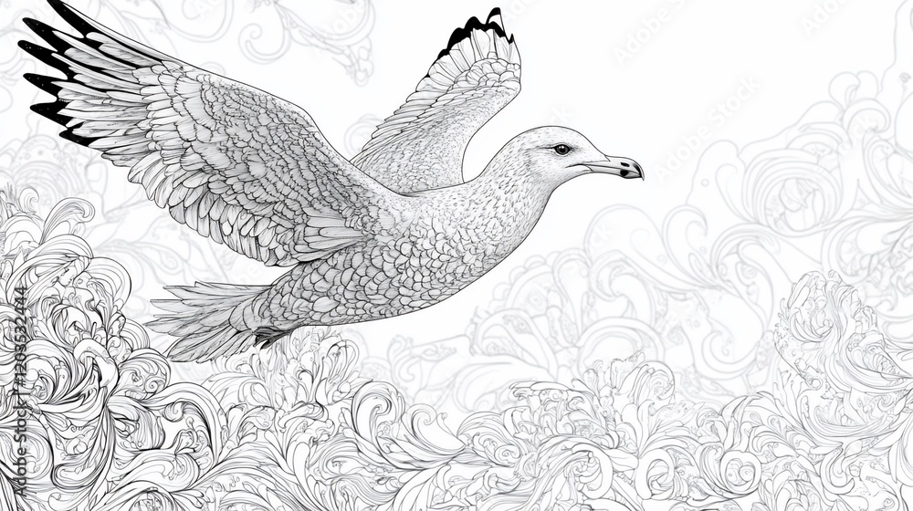 Fototapeta premium Detailed black and white illustration of a seagull in flight over an ornate pattern background