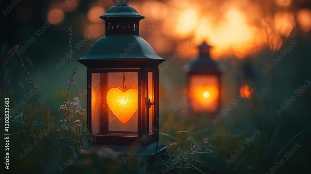 Lanterns with heart shapes glow softly in a peaceful field at sunset creating a romantic atmosphere Lanterns with heart shapes glow softly in a peaceful field at sunset creating a romantic atmosphere