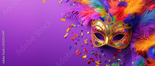 Wallpaper Mural Carnival masks, feathers and colorful shiny beads on purple background with copy space, top view - festive frame with Mardi Gras border. Torontodigital.ca